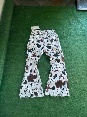 Fashion Jeans Kids Cow Print Flare Bell Bottom Pants Size 8Y